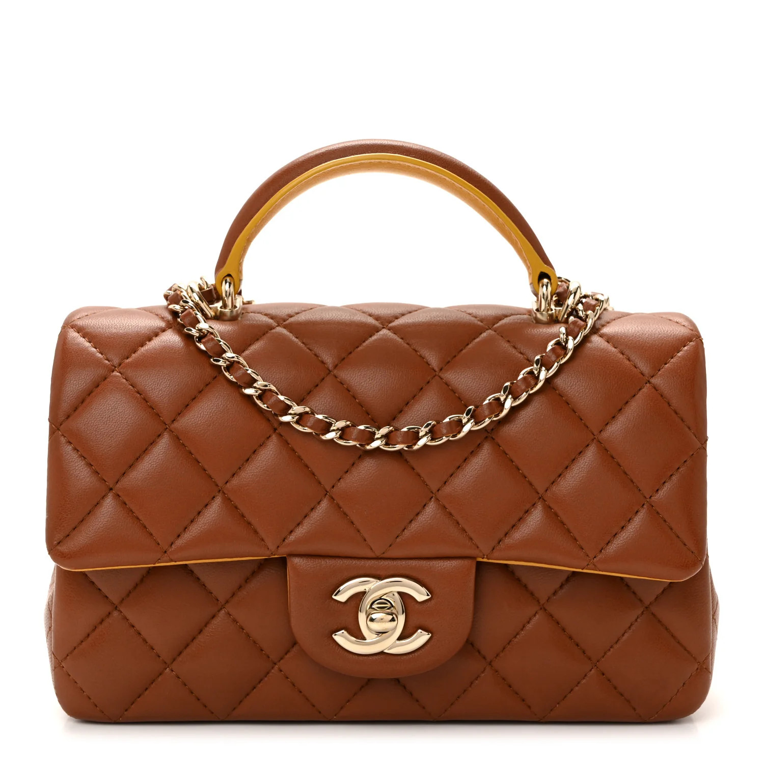 Lambskin Quilted Bi-Color Mini Top Handle Rectangular Flap Light Brown Yellow | FASHIONPHILE (US)