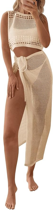 Fisoew Womens Crochet Swim Cover Ups 2 Piece Sleeveless Crop Tops Beach Wrap Skirt Hollow Out Boh... | Amazon (US)