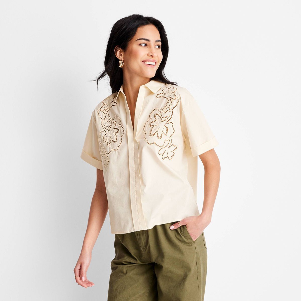 Women's Short Sleeve Eyelet Resort Button-Down Shirt - Future Collective™ with Jenny K. Lopez C... | Target