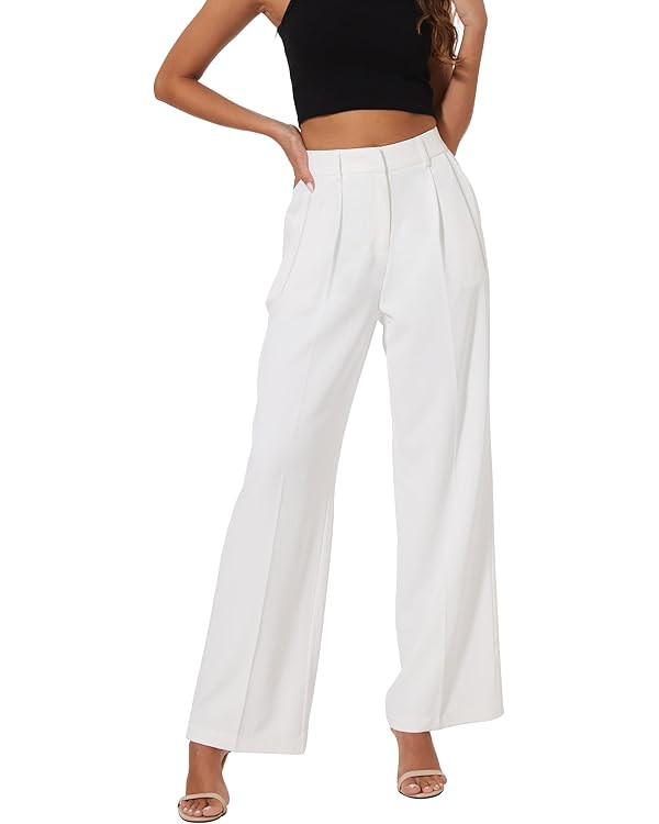 Women Wide Leg High Waist Wide Leg Pants Loose Fit Back Elastic Waist Pleated Front Trousers for ... | Amazon (US)