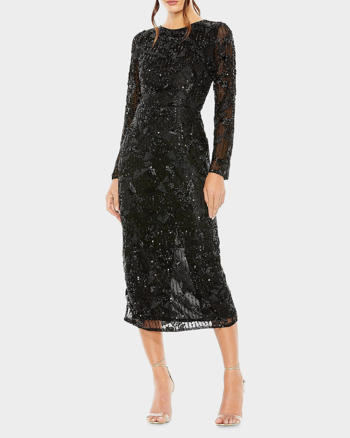High-Neck Beaded Long-Sleeve Midi Dress | Neiman Marcus