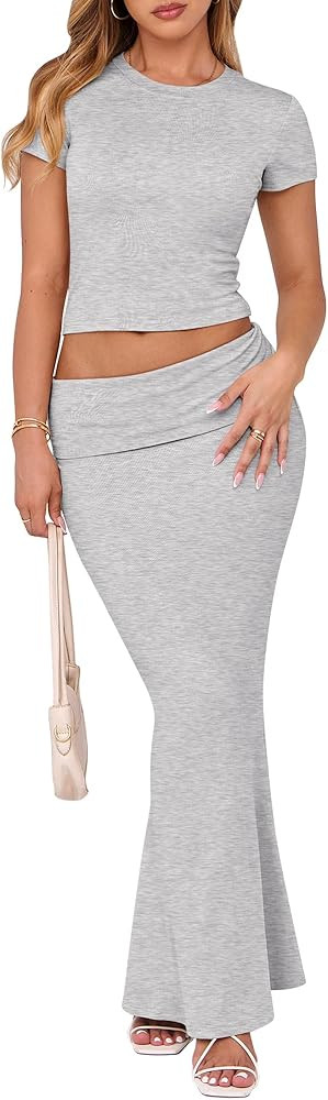 ANRABESS Skirt Sets for Women 2 Piece Outfits 2025 Summer Crop Top Fold Over Maxi Skirt Set Going... | Amazon (US)