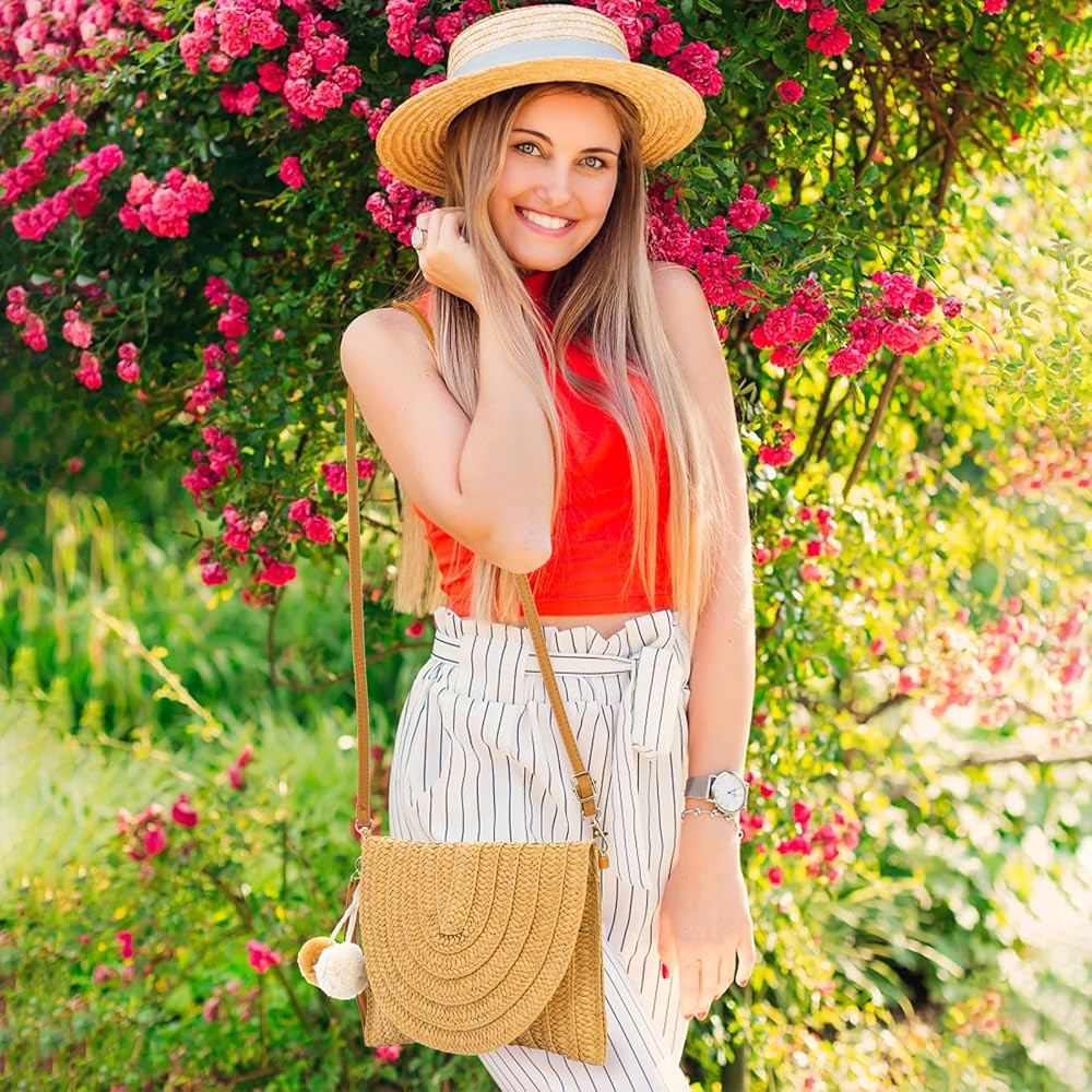 Women Straw Shoulder Bag, Hand-woven Crossbody Clutch Handbag with Detachable Strap, Summer Envel... | Amazon (US)