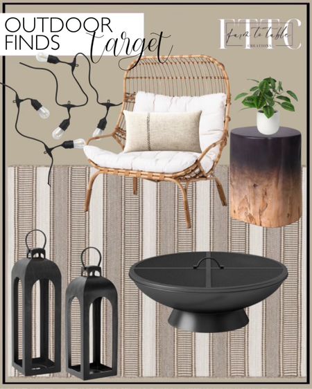 Target Outdoor Finds. Follow @farmtotablecreations on Instagram for more inspiration.

Wicker & Metal Outdoor Patio Chair, Egg Chair Natural - Threshold designed with Studio McGee. Oversized Stitched Lumbar Throw Pillow Neutral. 10ct LED Drop Indoor Outdoor Café String Lights Clear Bulbs with Black Wire. Cast Aluminum Outdoor Lantern Candle Holder Black. Irregular Ombre Wooden Stump Outdoor Patio Accent Table Natural. 9" Small Tabletop Maranta Artificial Plant. 5' x 7' Woven Stripe Outdoor Rug Khaki/Ivory. 32.6" Metal Wood Burning Bowl with Spark Screen Target Home. Outdoor Finds. Outdoor Patio. Seasonal Decor. 



#LTKsalealert #LTKfindsunder50 #LTKhome