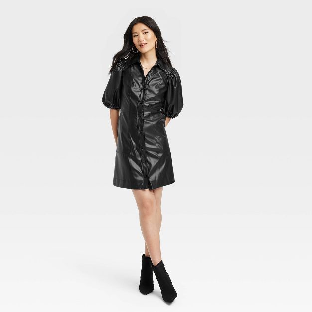 Women's Puff Short Sleeve Faux Leather A-Line Dress - A New Day™ | Target