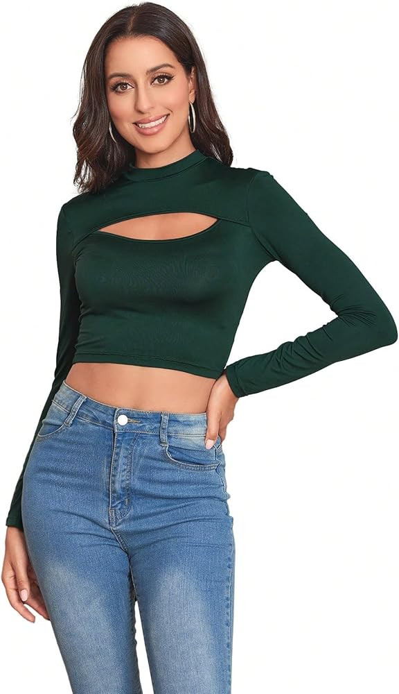 Women Cut Out Long Sleeve Crop Tops Army Green X-Small at Amazon Women’s Clothing store | Amazon (US)