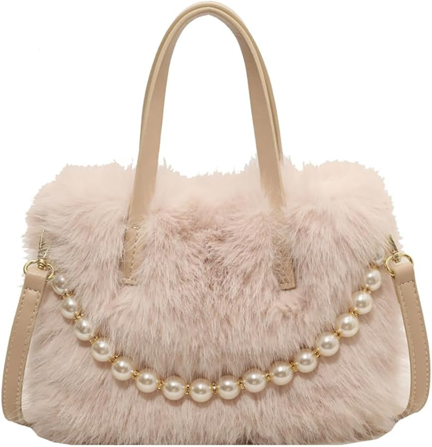 Women Cute Pearl Plush Crossbody Bag Winter Fuzzy Purse with Adjustable Strap | Amazon (US)