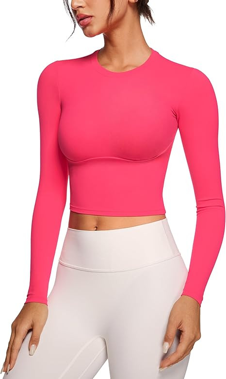 Womens Long Sleeve High Round Neck Crop Yoga Shirts Workout Slim Fit Casual Yoga Gym Tops | Amazon (US)