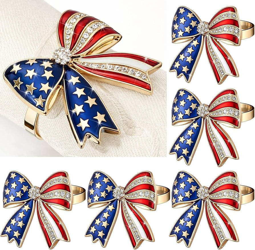 Geiserailie 6 Pieces Patriotic Napkin Rings 4th of July Bow Napkin Ring Holder Red White and Blue... | Amazon (US)