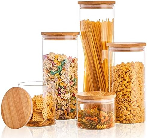 RLCOEUS Glass Food Storage Jars with Airtight Bamboo Lids Set of 5, Large Capacity Glass Jars Glass  | Amazon (US)
