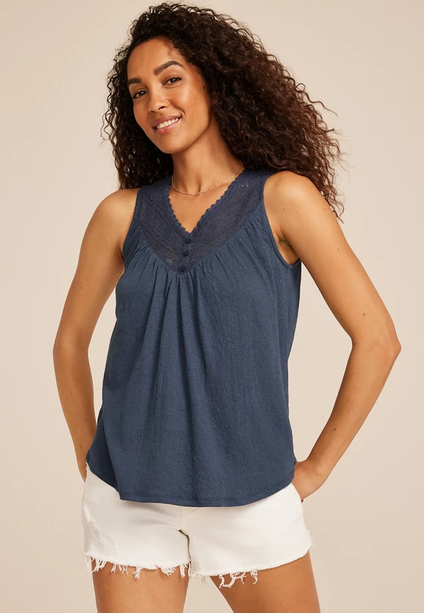 Embroidered Lace Yoke Henley Tank Top | Maurices