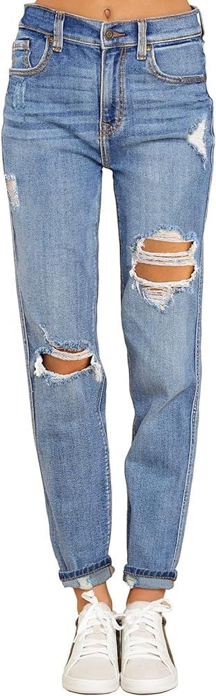 GRAPENT Women's Casual High Waisted Ripped Distressed Mom Jeans Boyfriend Stretchy Tapered Ankle ... | Amazon (US)