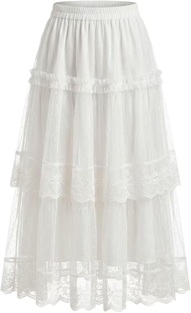 Women's Boho Tiered Lace Maxi Skirt Elastic High Waist A-Line Floral Embroidery Mesh Long Skirt | Amazon (US)