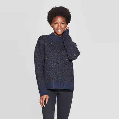 Women's Leopard Print Long Sleeve Mock Neck Pullover - Universal Thread™ Navy | Target