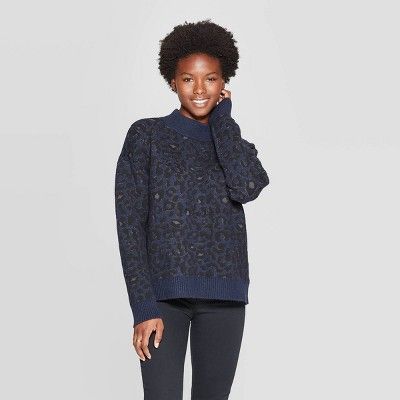 Women's Leopard Print Long Sleeve Mock Neck Pullover - Universal Thread™ Navy | Target