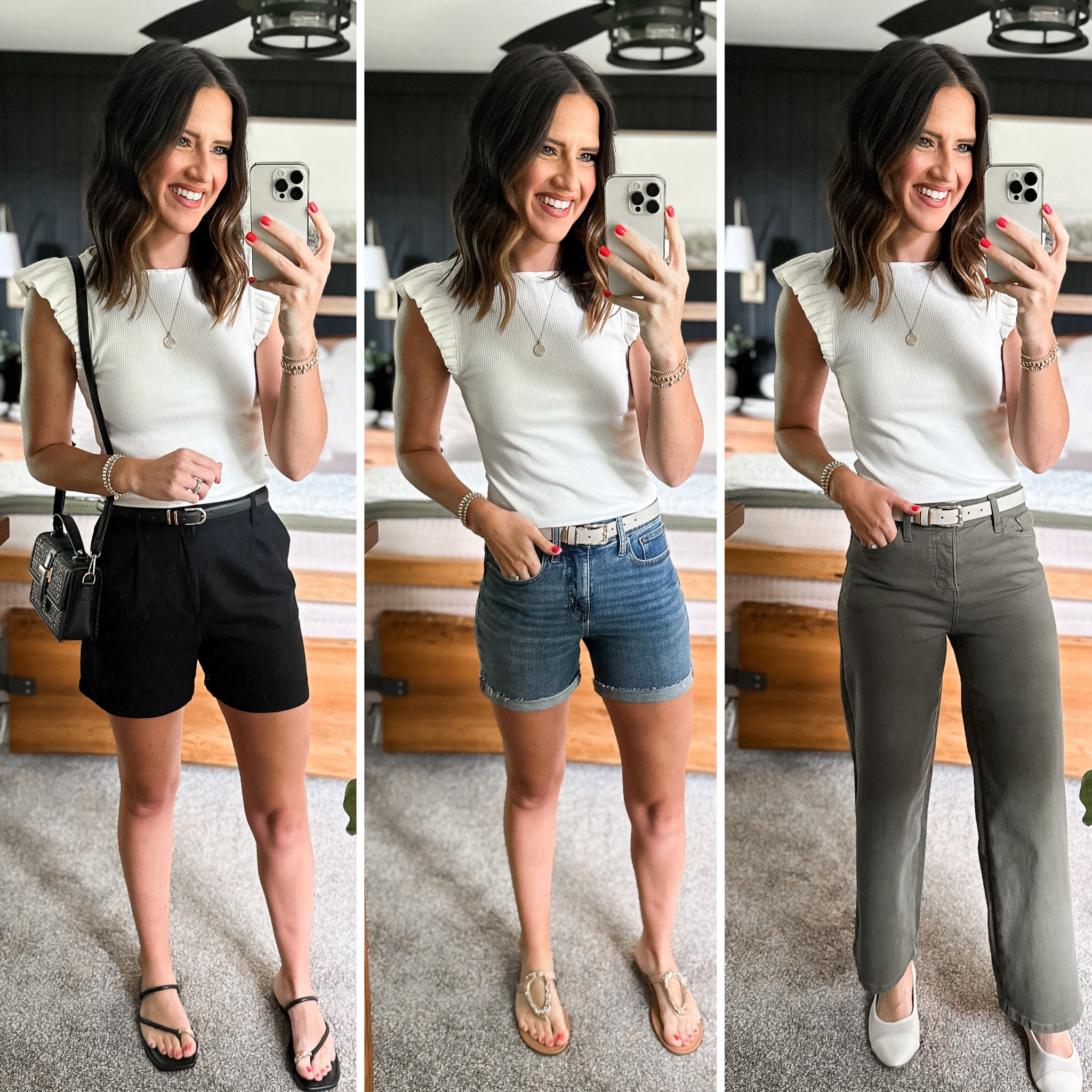 Summer Capsule Wardrobe - Ivory Ruffle Sleeve Blouse 

Top - small
Black shorts - sized down to a xs 
Denim shorts - size down, I’m in a 25
Olive pants - 26 


#LTKFindsUnder50 #LTKStyleTip #LTKFindsUnder100