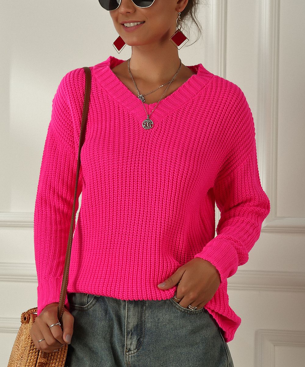 Caifeng Women's Pullover Sweaters Bright - Bright Pink Ribbed V-Neck Sweater - Women | Zulily