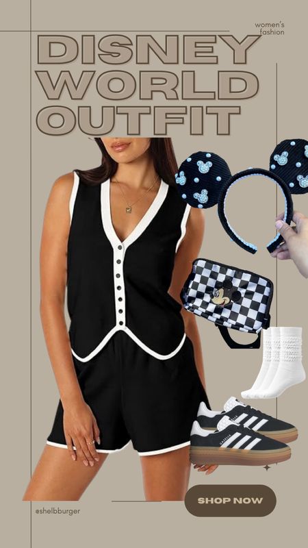 Women’s Disney World fashion
Neutral Disney outfit

Vest set
Black and white Mickey ears with pearls
Checkered Mickey Mouse belt bag
slouch scrunched socks
Black and white gazelles with brown bottoms

#LTKSaleAlert #LTKShoeCrush #LTKTravel
