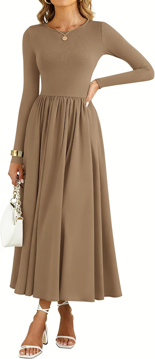 KIRUNDO Women Casual Long Sleeve Midi Dress 2026 Spring Wedding Guest Flowy Bohemian Modest Long Dresses with Pockets | Amazon (US)