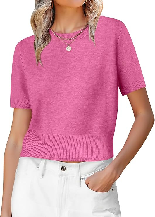 ANRABESS Womens Short Sleeve Sweaters Cropped Crew Neck Business Casual Lightweight Sweater Tops ... | Amazon (US)