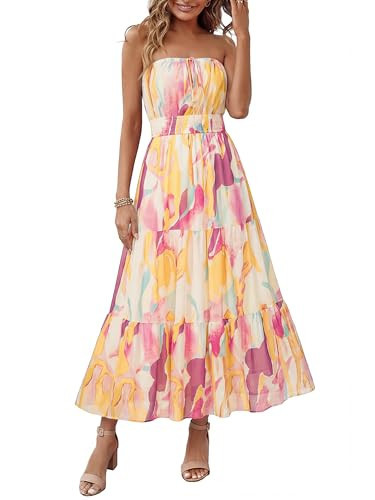 Simplee Women's Summer Maxi Dresses 2026 Casual Strapless Mesh Layered Boho Floral Beach Vacation Dress Party Dresses | Amazon (US)