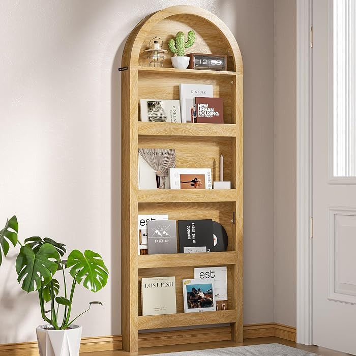 Behind The Door Book Shelf, 5-Tier Curve Groove Wooden Bookcases with Open Display Storage Organi... | Amazon (US)