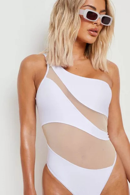 Mesh Insert One Shoulder Swimsuit | Boohoo.com (US & CA)