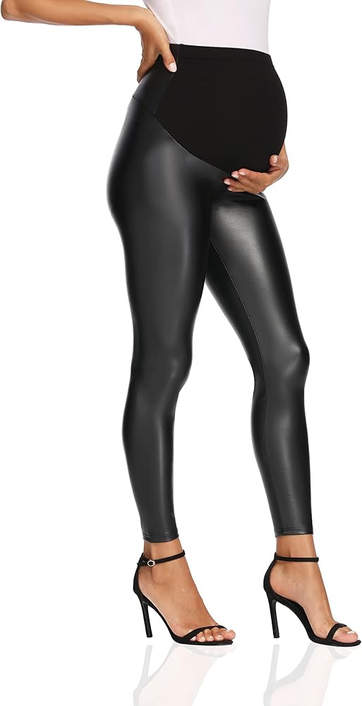 V VOCNI Womens Faux Leather Maternity Leggings Pants Stretchy Over-Belly Pregnancy Tights | Amazon (US)