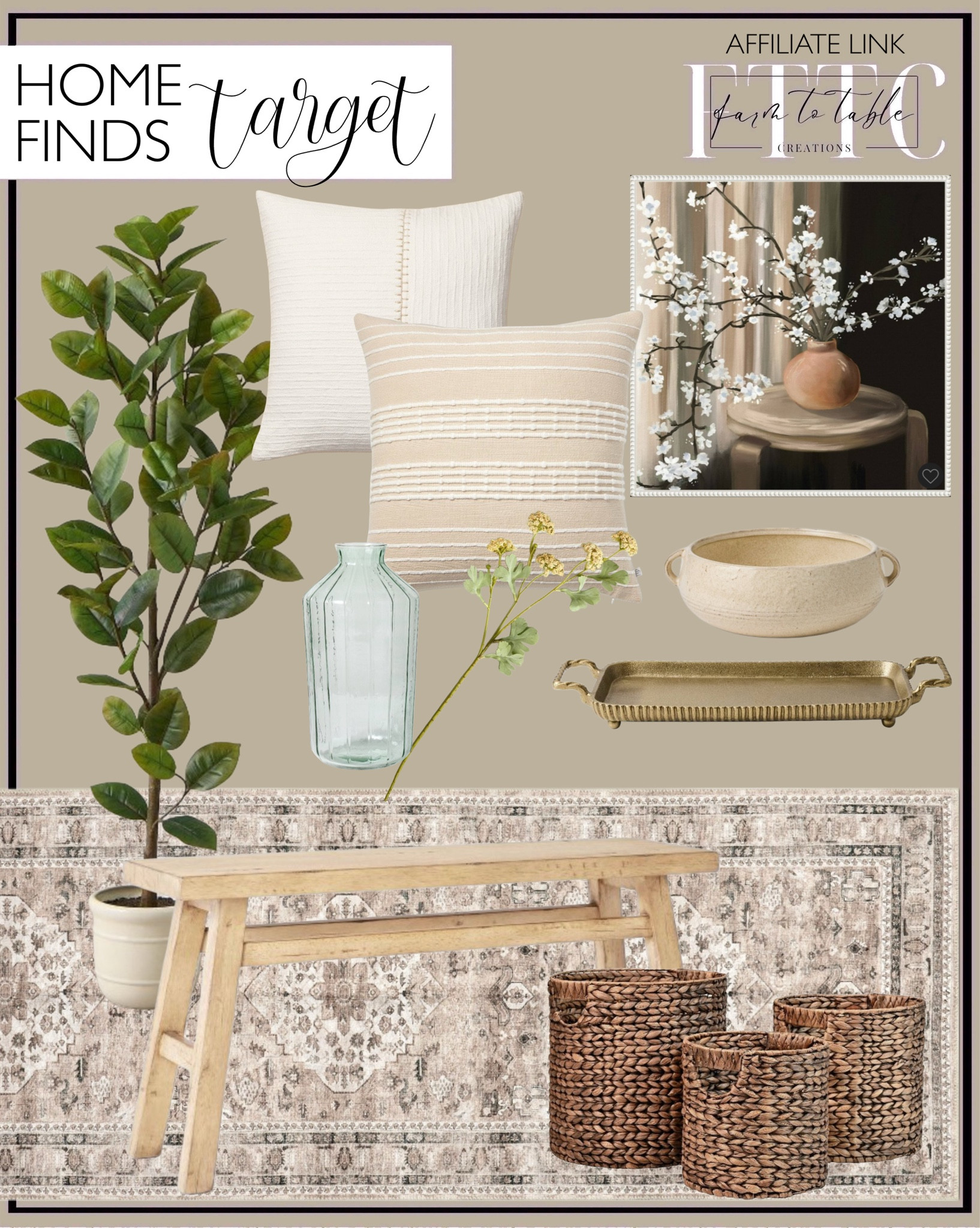 Target Home Finds. Follow @farmtotablecreations on Instagram for more inspiration.

Thatcher Wood Bench. Ribbed Glass Vase. nuLOOM Davi SplashGuard Waterproof Machine Washable Area Rug. Sedum Stems. Textured Striped Pillow. Bead Striped Pillow. Potted Rubber Tree. Still Life Artwork. Hyacinth Baskets. Brass Footed Tray with Handles. Ceramic Glazed Bowl. 

Entryway Decor | Kitchen Decor | Counter Decor | Spring Refresh |  Bedroom Finds | Neutral Stems | Spring Stems | Bookshelf Decor | Bedroom Space | Cozy Corner | Bathroom | Curated Entryway | Spring  Decor | End of Year Clearance | Trending Decor | Viral Decor | Amazon Holiday | Bedroom corner | Coffee Table Decor | Neutral Decor | Fall Stem Sale | Target Finds | Skinny Bench | Bedroom | Living Room | Breakfast Nook | Amazon Home | Target Sale | Loloi Rugs | Magnolia Home | console table | console table styling | faux stems | entryway space | front porch decor | neutral decor | entryway decor | cozy home | affordable decor |  home decor | home inspiration | console styling | entryway rug | cozy moody home | moody home decor | neutral home | bathroom decor | living room | spring decor | Hearth & Hand | Studio McGee




#LTKHome #LTKFindsUnder50 #LTKSaleAlert