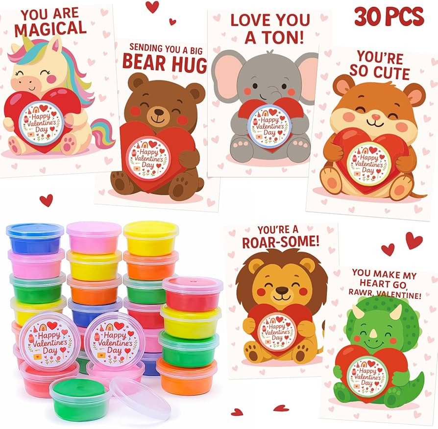 30 Pack Valentines Day Gifts for Kids, Cute Valentines Day Cards for Kids Classroom with Playdoug... | Amazon (US)