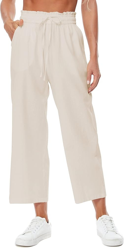 Womens Casual Linen Pants Wide Leg High Elastic Waisted Drawstring Summer Pants | Amazon (US)