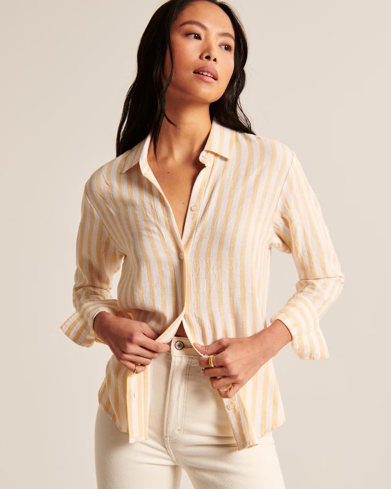 Women's Linen-Blend Relaxed Button-Up Shirt | Women's Tops | Abercrombie.com | Abercrombie & Fitch (US)