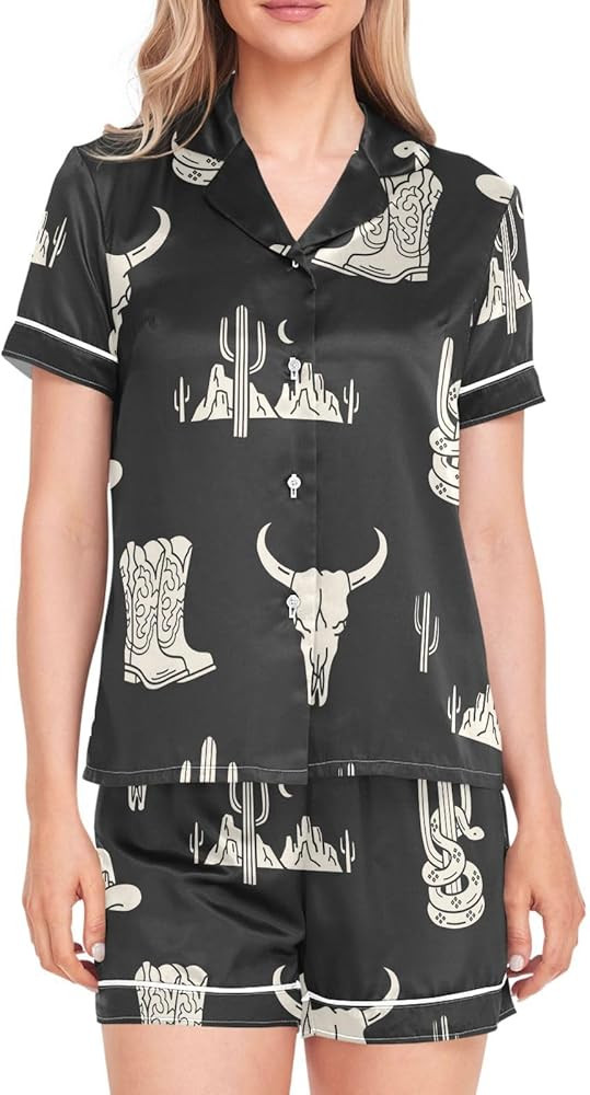 Womens Silk Satin Pajamas Set Western Theme Womens Short Sleeve Shorts Set 2 Piece Sleepwear Loun... | Amazon (US)