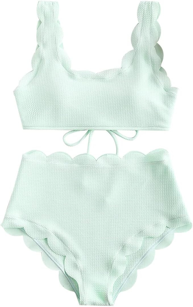 ZAFUL Women's High Waisted Tankini Set, Scalloped Trim Swimsuit Back Lace-Up High Cut Two Piece B... | Amazon (US)
