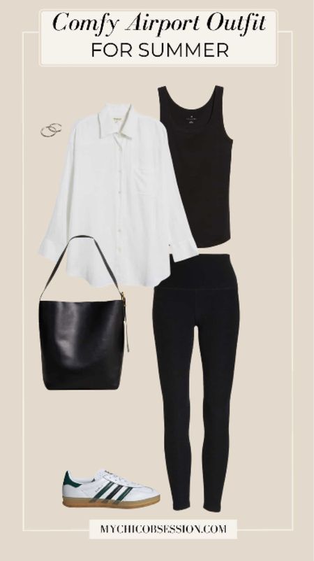 If you’re traveling from somewhere cooler to a warmer location, start off with a simple, sleek foundation – high-waisted black leggings and a black cotton tank top. Over the top, layer an oversized linen button-up blouse. A pair of black and white sneakers tie the outfit together, while this bucket tote keeps your belongings safe nearby while also giving your outfit an elevated feel.

#LTKSeasonal #LTKstyletip #LTKtravel