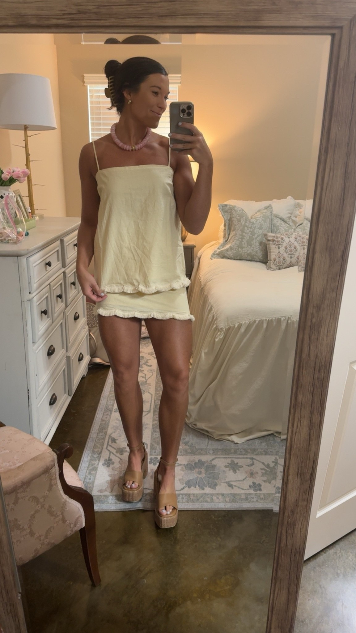 Loving this butter yellow set! So beachy! Wearing a medium in it! Linked my necklace from Shein!