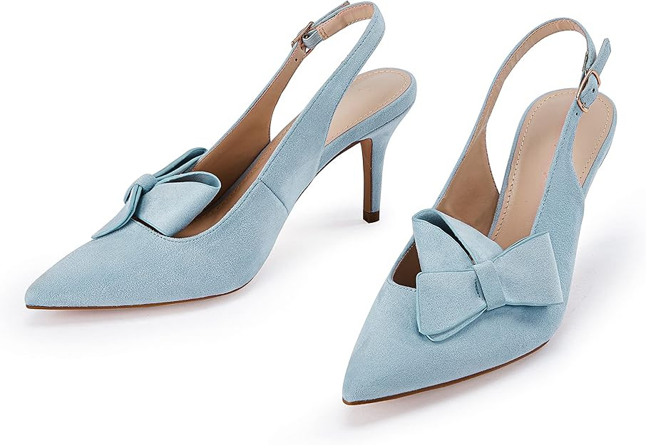 PiePieBuy Womens Pointed Toe Slingback Pumps Mid Heel Bow Stilettos Sandals Faux Suede Wedding Pa... | Amazon (US)