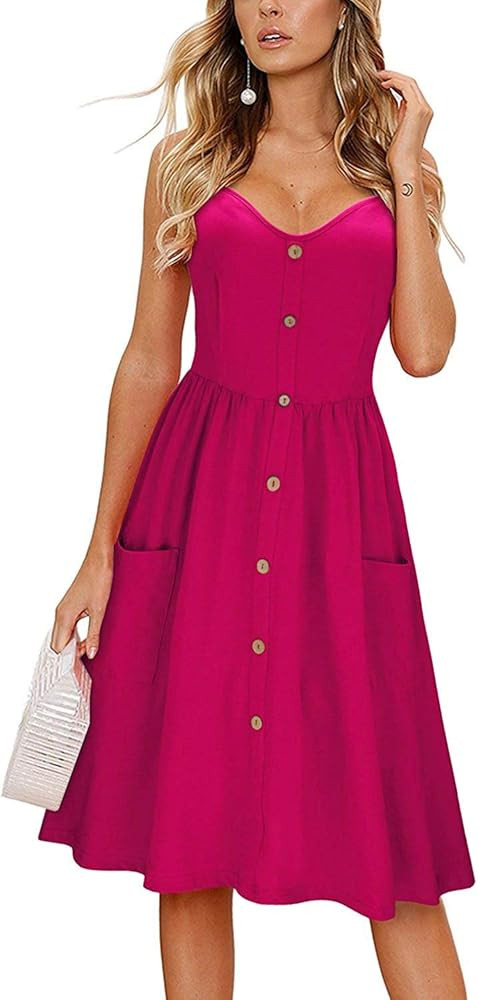 KILIG Women's Summer Casual Sundress Spaghetti Strap Button Dress with Pockets | Amazon (US)