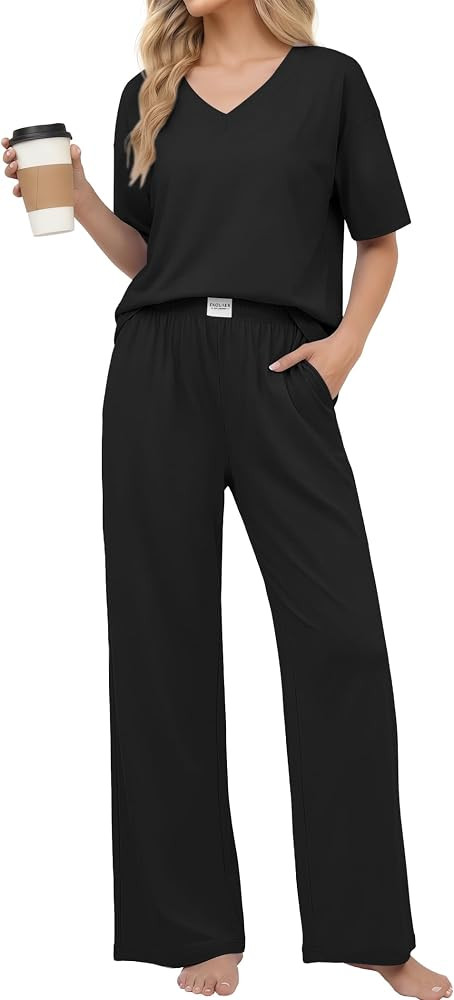 Ekouaer Womens Pajama Sets Cotton Short Sleeve Long Pants Lounge Set | Amazon (US)