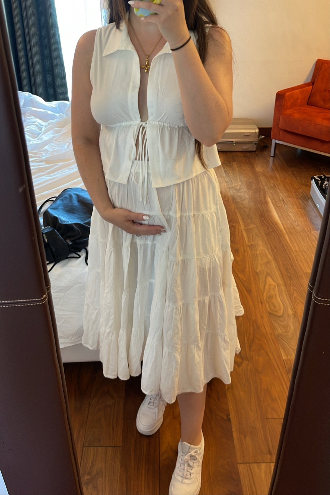 Italy outfit, summer outfit, bump friendly, midi skirt, maxi skirt, crop top, summer top, white skirt, white sleeveless top, white adidas sneakers

#LTKstyletip #LTKunder100 #LTKSeasonal