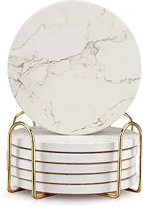 6 Pcs White Marble Coaster Set with Holder Best Absorbent Coasters Drink Coasters Ceramic Bar Win... | Amazon (US)