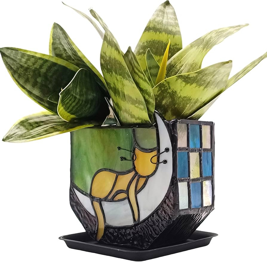 Tiffany Stained Glass Fun Moon Sleeping Cat Planter，Orange Sleeping Cat Cactus Planter，Cute P... | Amazon (US)