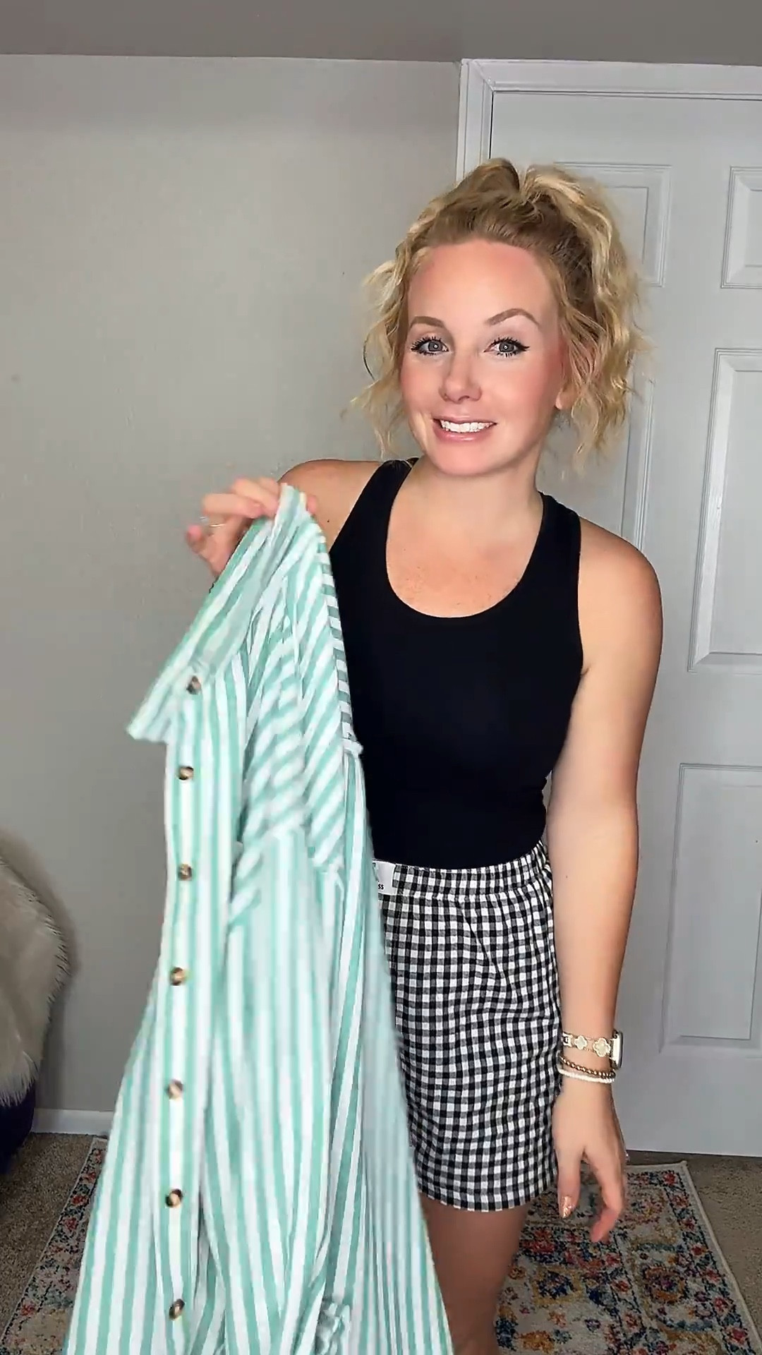 Green and white striped button down shirt with a blue tank top, denim shorts, platform sandals, and woven oversized tote bag







Amazon outfits every outfit inspo, outfit ideas, casual outfits amazon, amazon outfits every day, spring outfits 2026, summer outfits

#LTKootd #LTKPetite #LTKSaleAlert