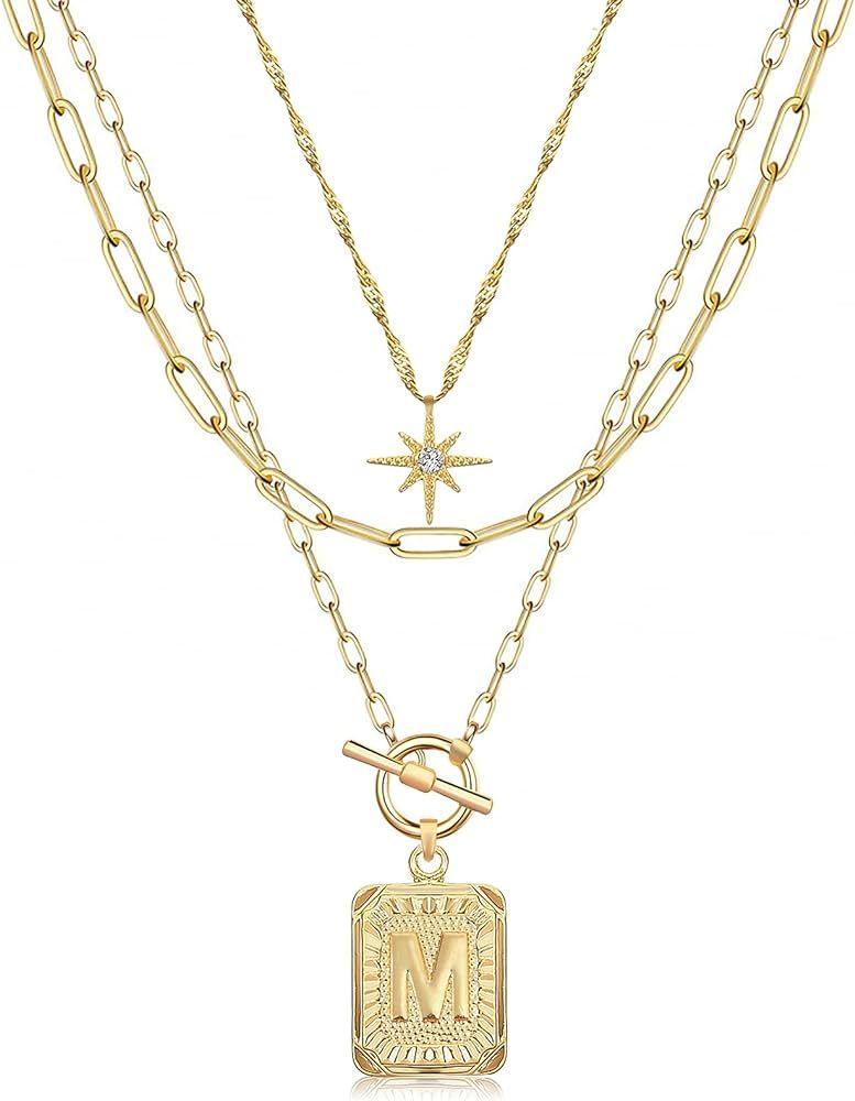 MJartoria Layered Initial Necklaces for Women Trendy, 14K Gold Plated Simple Star Square Letter P... | Amazon (US)