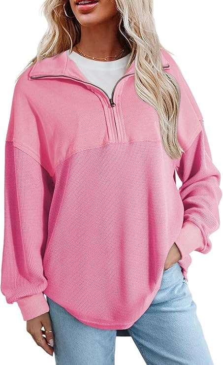 SHEWIN Womens Fall Sweatshirt Casual Waffle Knit Half Zip Pullover Loose Long Sleeve Tops | Amazon (US)