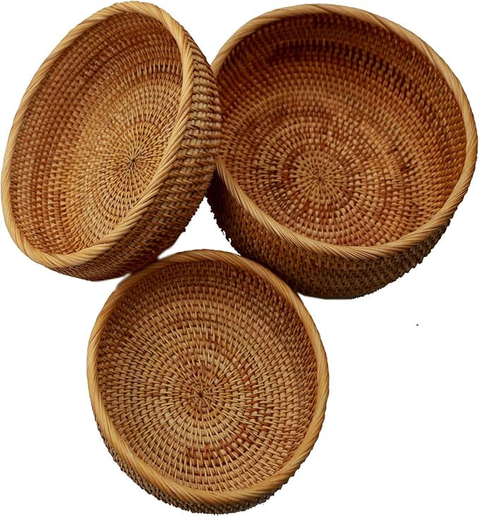 Bread Basket,Handmade Woven Rattan Storage Basket Round Bowl Shape for Fruit Chips Rolls,Set of 3... | Amazon (US)
