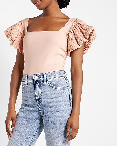 Square Neck Eyelet Sleeve Tie Back Tee | Express