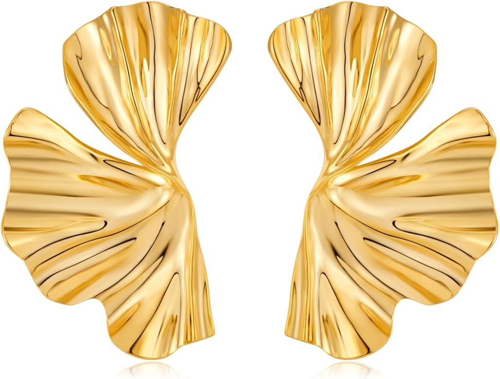 Chunky Gold Statement Earrings For Women Gold Plated Sectored Flower Leaf Shell Angel Wing Earrin... | Amazon (US)
