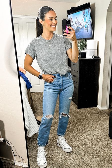Walmart tee - I sized up to medium (small would be fine too)
Levi’s - I sized up one (didn’t have to)
Converse - size down 1/2 size

#LTKFind #LTKfit #LTKunder100
