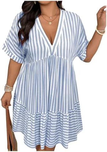 SOLY HUX Women's Plus Size Striped Ruffle Dress Summer Deep V Neck Half Sleeve Flowy Babydoll Dre... | Amazon (US)